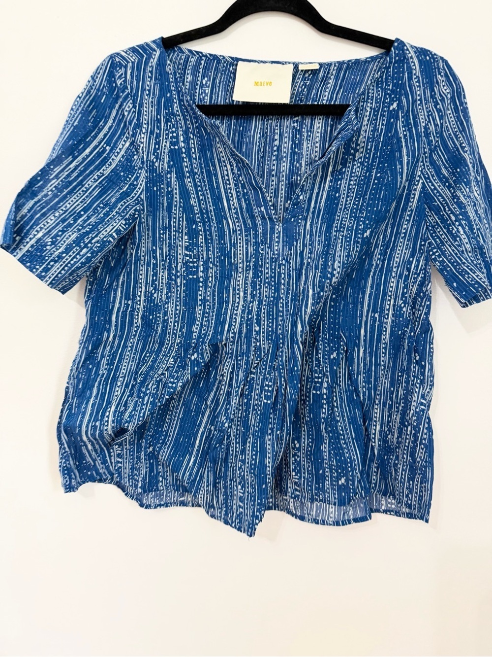 Maeve Blue And White V-Neck Baby Doll Style Short Sleeve Cotton Shirt Size 4